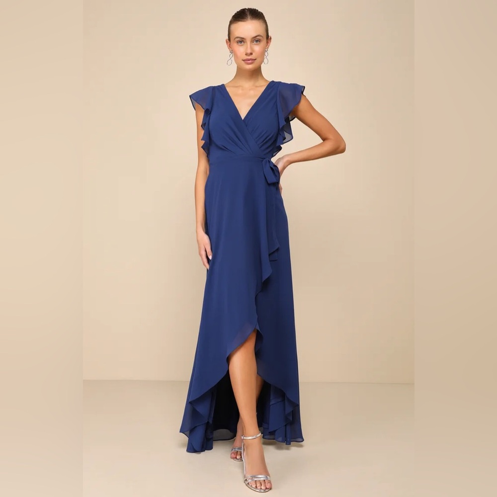 Lulus dress size Large Ravishing Charm Dark Blue Ruffled Wrap High-Low Maxi